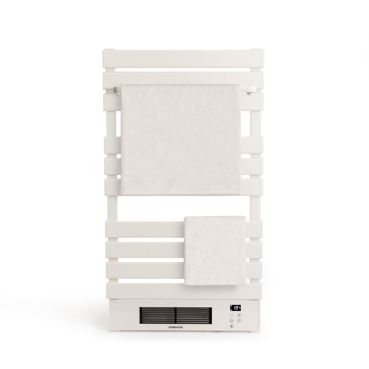 Un toallero eléctrico blanco con dos toallas y pantalla digital.