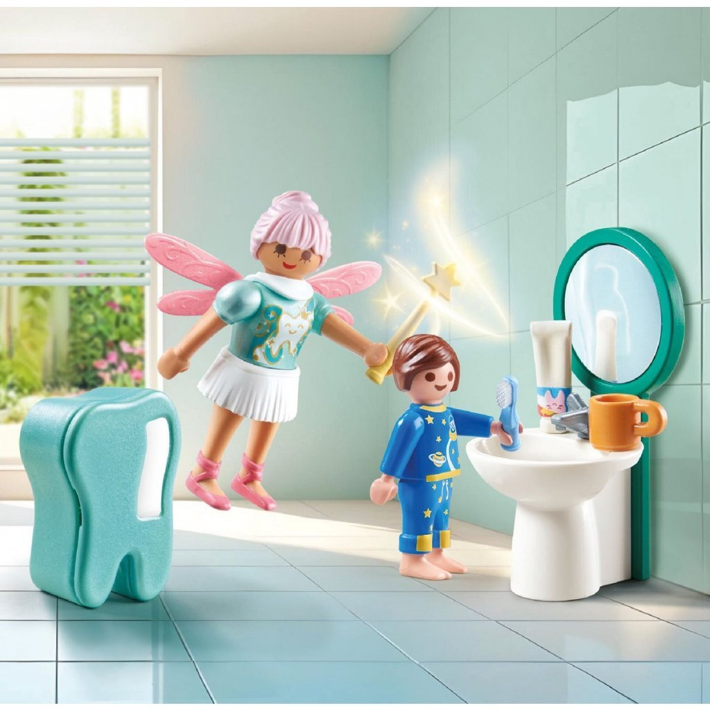 Hada con alas rosas y varita ayuda a niño a cepillarse dientes en lavabo con modelo.
