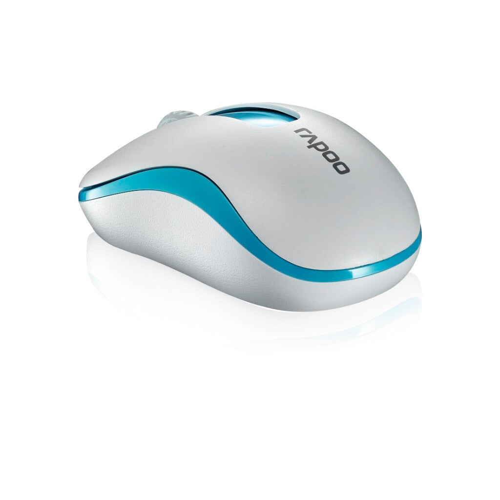 Een witte en blauwe draadloze computermuis met het Rapoo-logo.