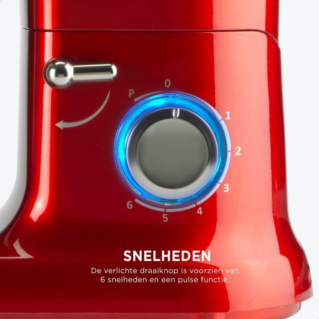 Roter Mixer mit beleuchtetem Drehregler für 6 Geschwindigkeiten und Pulsfunktion.