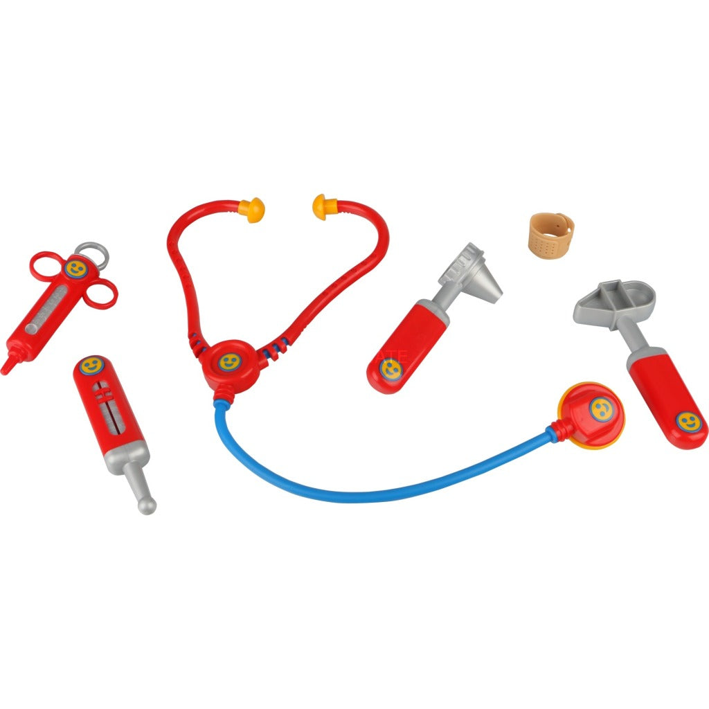 Rotes und silbernes Spielzeug-Arztkoffer-Set mit Stethoskop, Spritze, Thermometer, Otoskop und Reflexhammer.