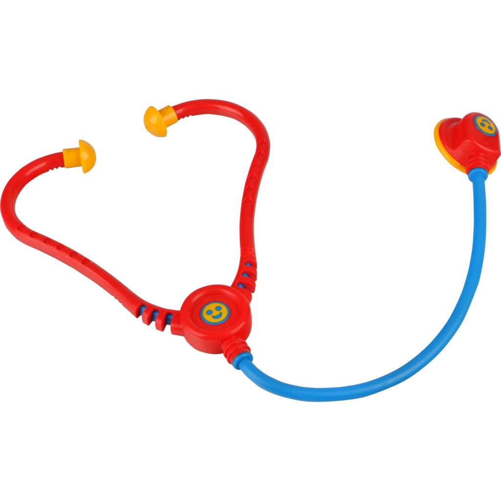 Ein rotes Spielzeug-Stethoskop mit blauem Schlauch und Smiley-Gesicht.