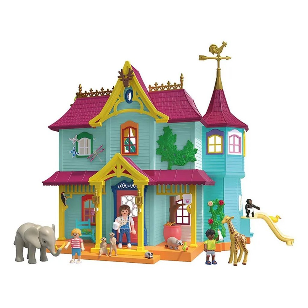 Una casa de juguete colorida con figuras, elefante, jirafa y tobogán.