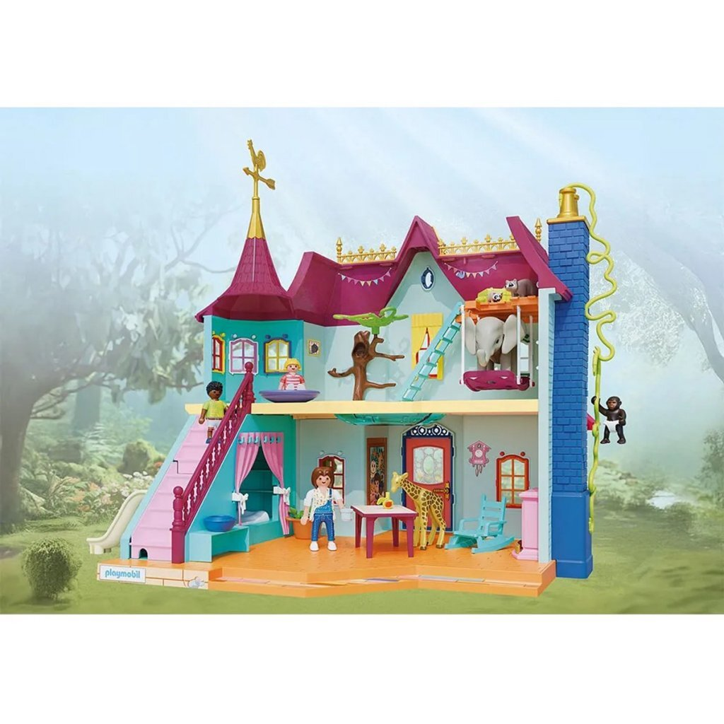 Una casa de juguete colorida con figuras, elefante, jirafa y monos.