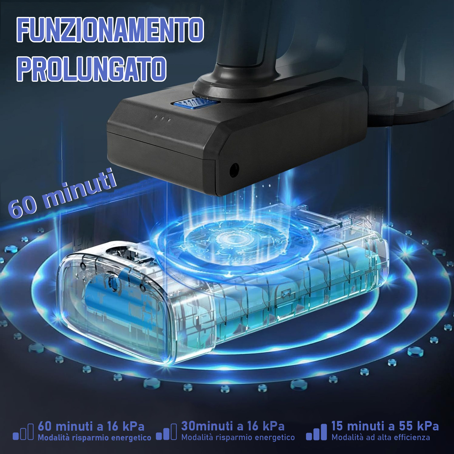 Batteria aspirapolvere con 60 minuti di autonomia a 16 kPa.