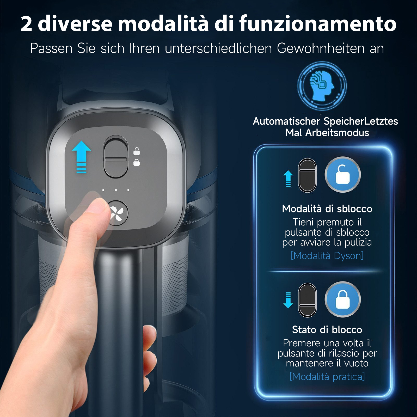 Un dito preme un pulsante sull'impugnatura di un aspirapolvere. Vengono mostrati due modi.