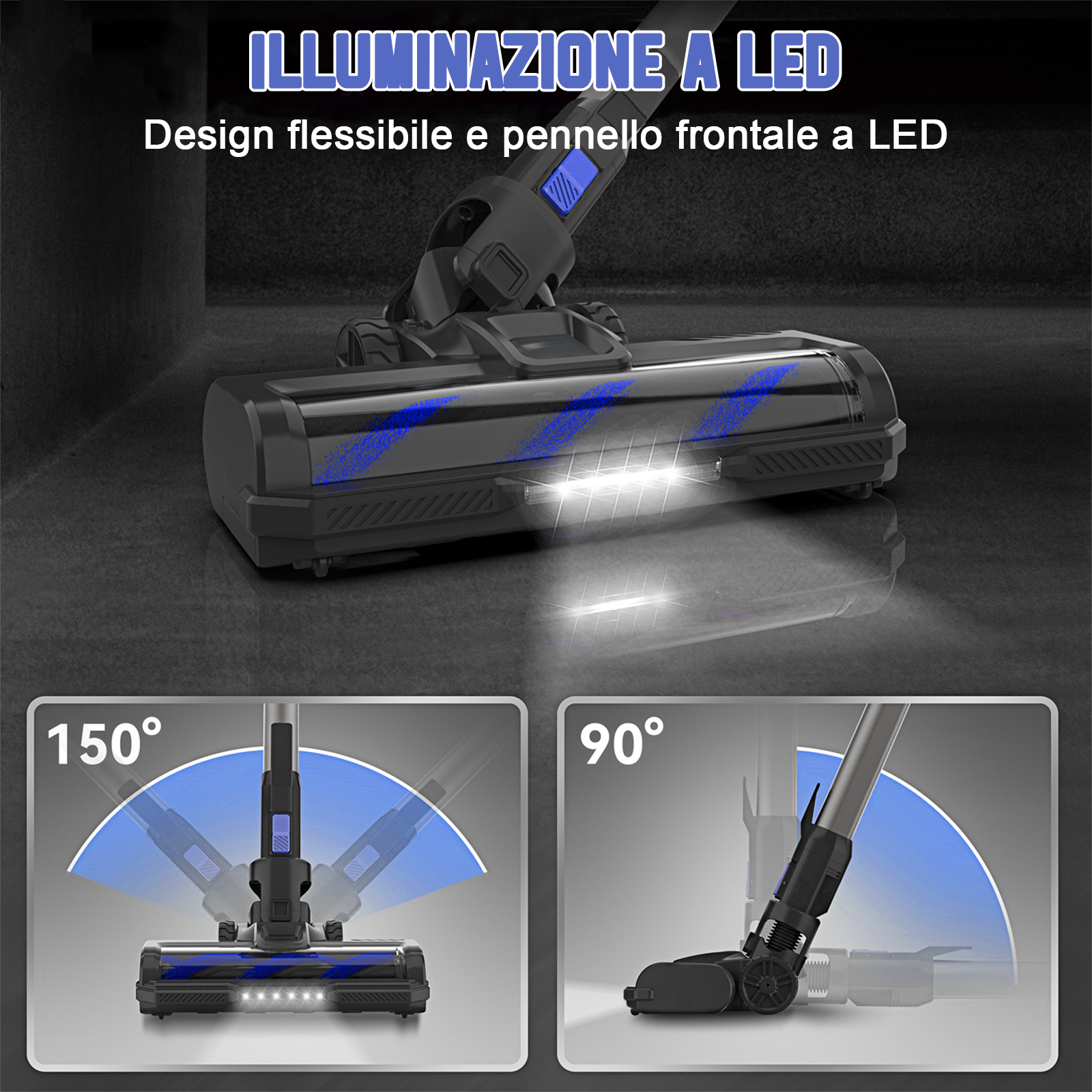 Un aspirapolvere nero con luci LED e snodi flessibili è esposto.
