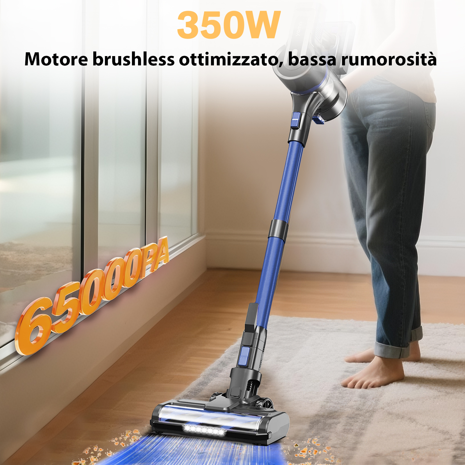 Un aspirapolvere blu senza fili pulisce un tappeto. 350W e 65000PA.