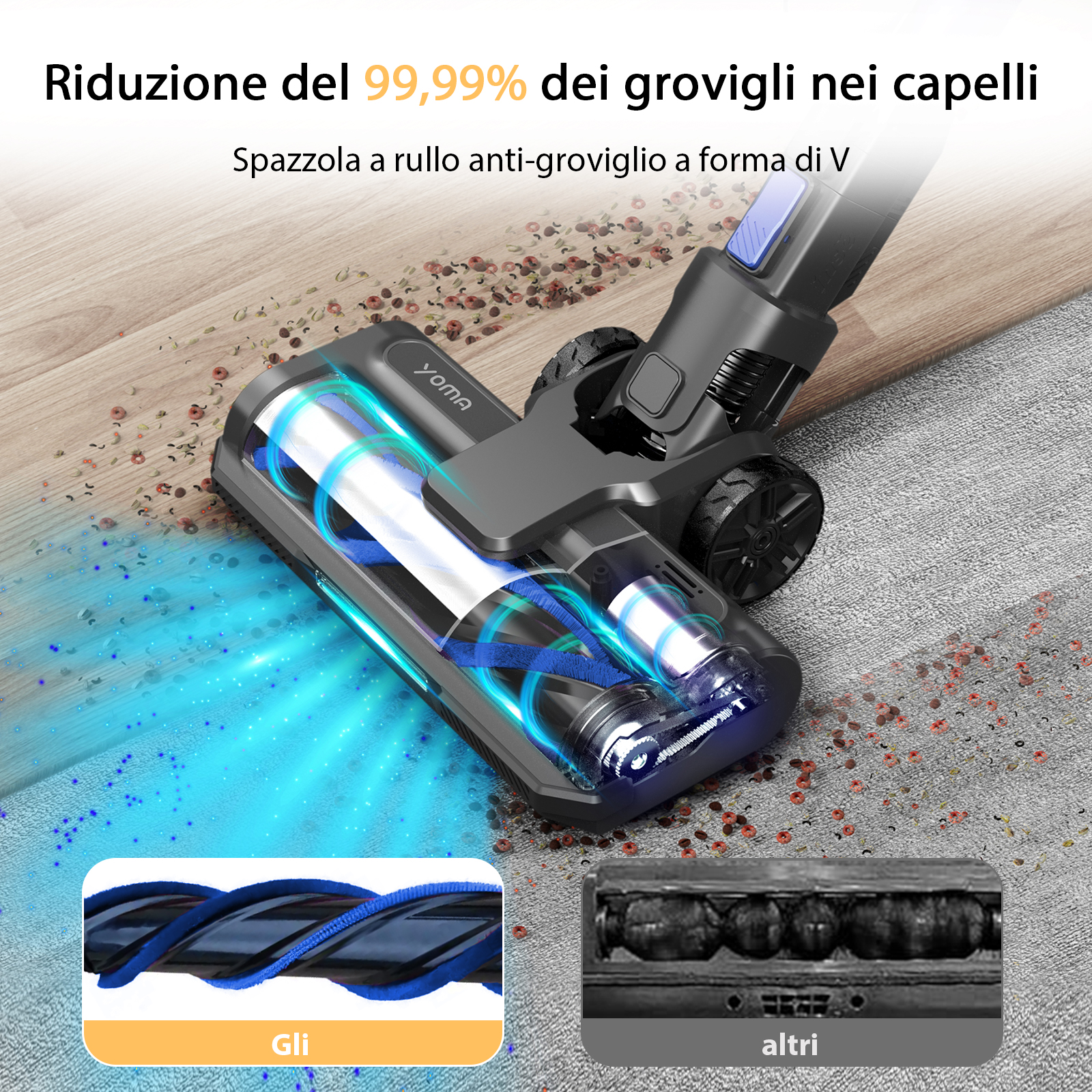 Una testina aspirapolvere con spazzola a V aspira detriti. Vista ravvicinata.