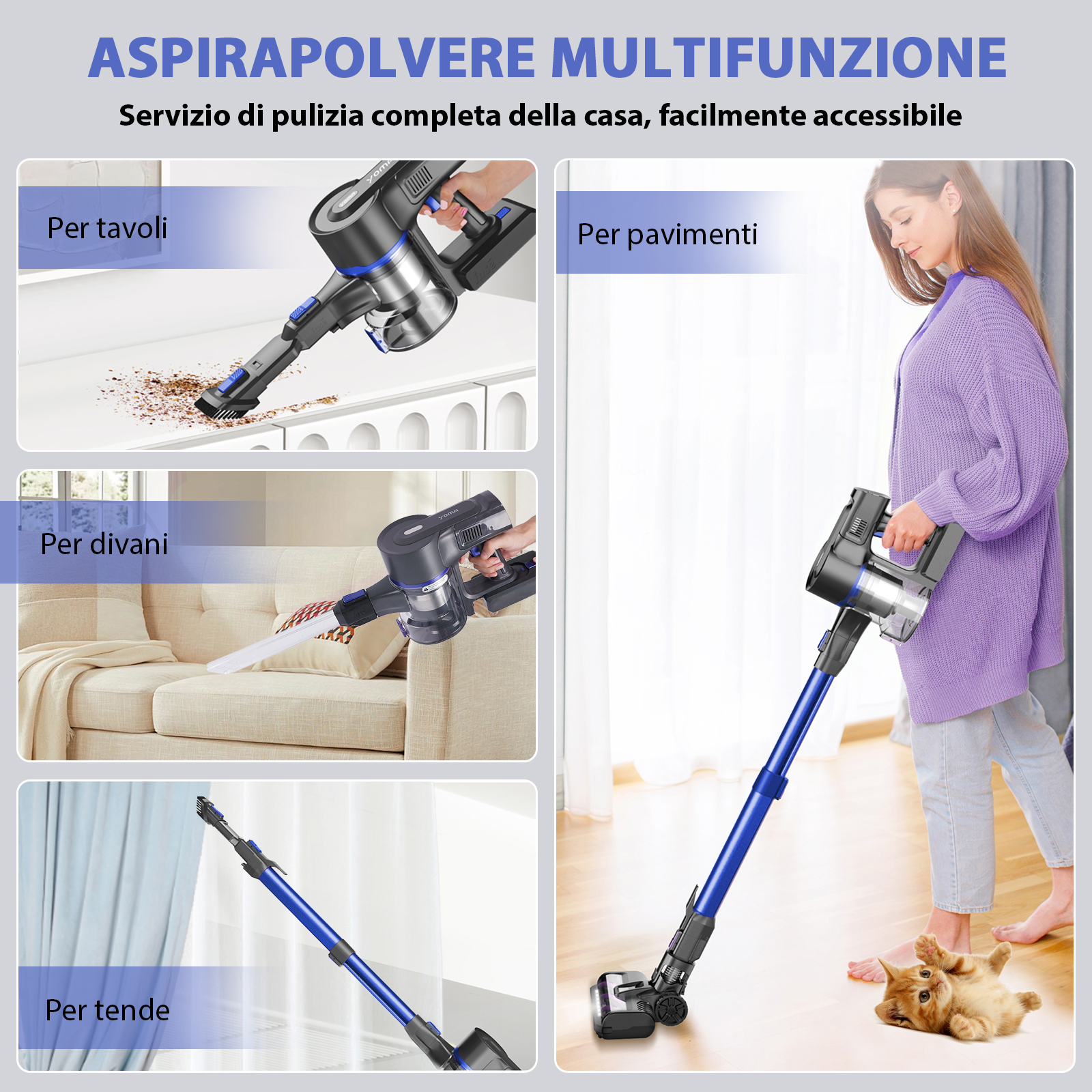 Un aspirapolvere portatile pulisce varie superfici come tavoli, divani e tende.