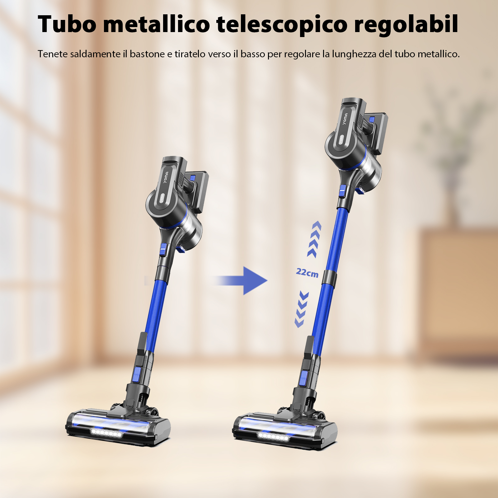 Un aspirapolvere telescopico blu con tubo regolabile e indicatore di carica.