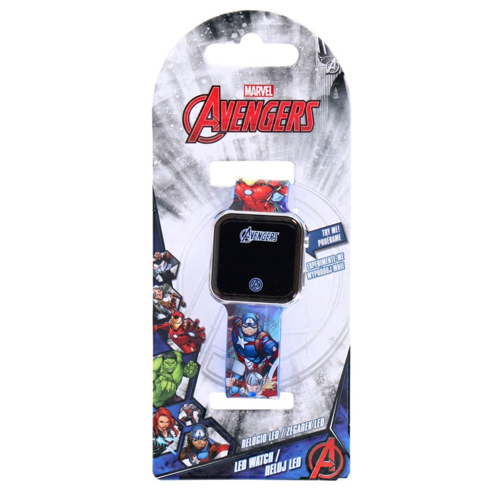 Montre LED Avengers avec motif super-héros sur le bracelet, emballée.