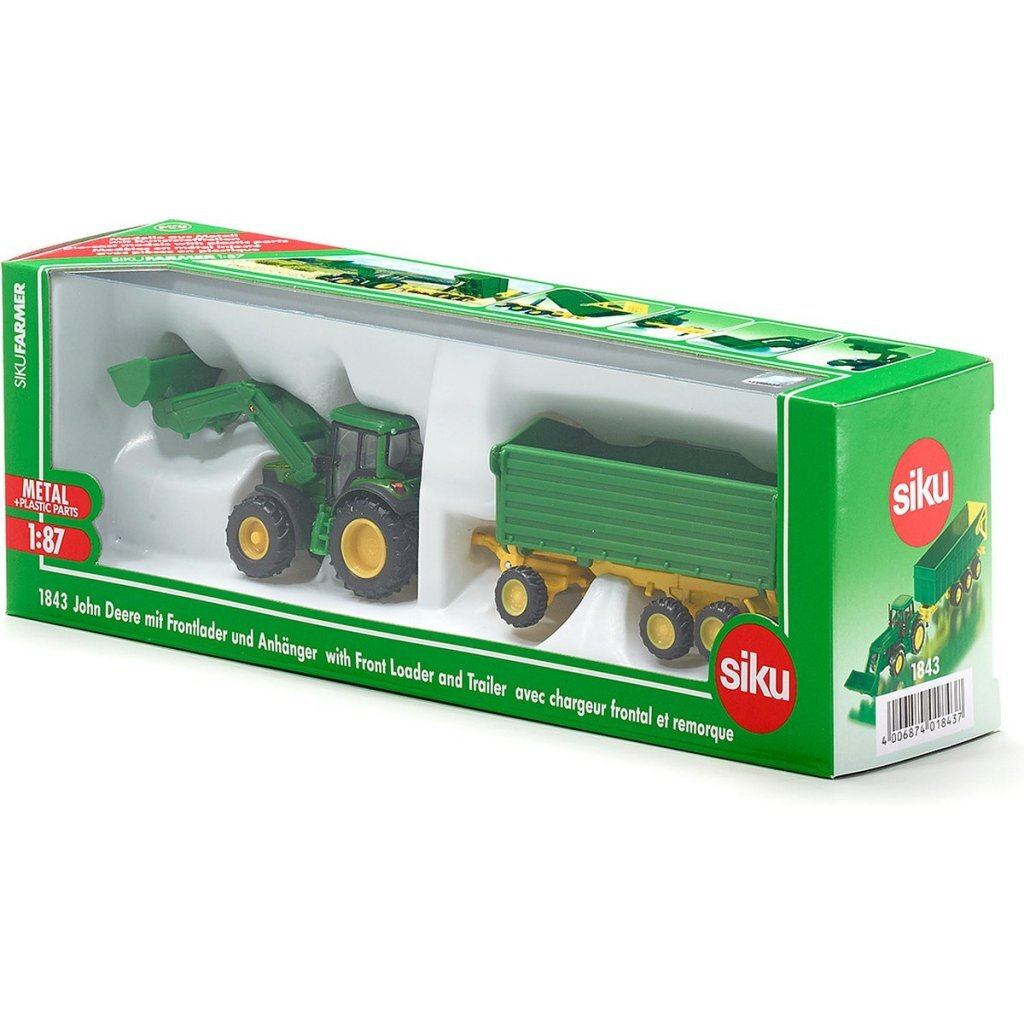Grüner John Deere Traktor mit Frontlader und Anhänger in Siku-Verpackung.