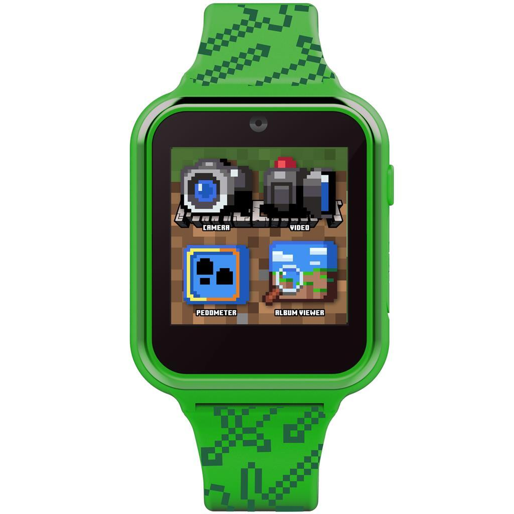 Orologio smart verde con design ispirato a Minecraft e icone del menu.