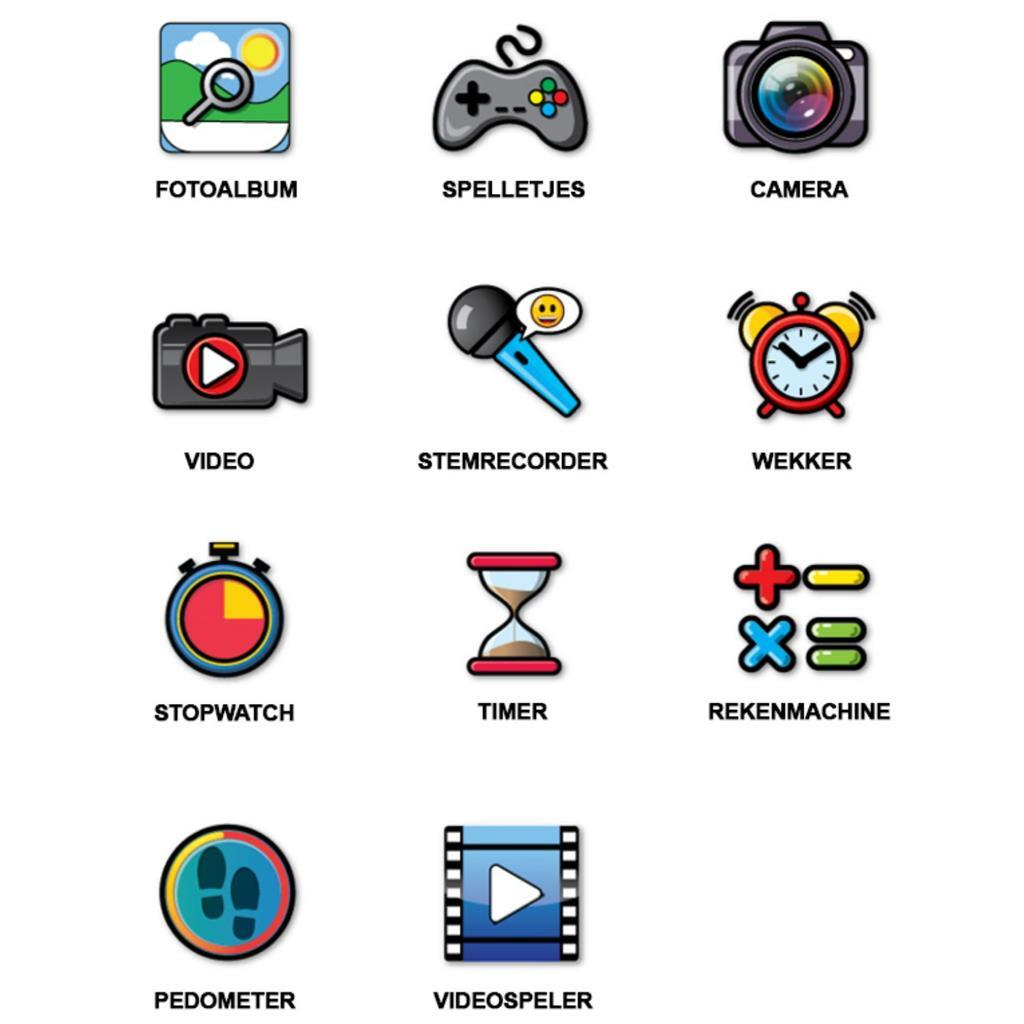 Icone per album fotografico, gioco, fotocamera, video, microfono, sveglia, cronometro, clessidra, calcolatrice, contapassi, videoregistratore.