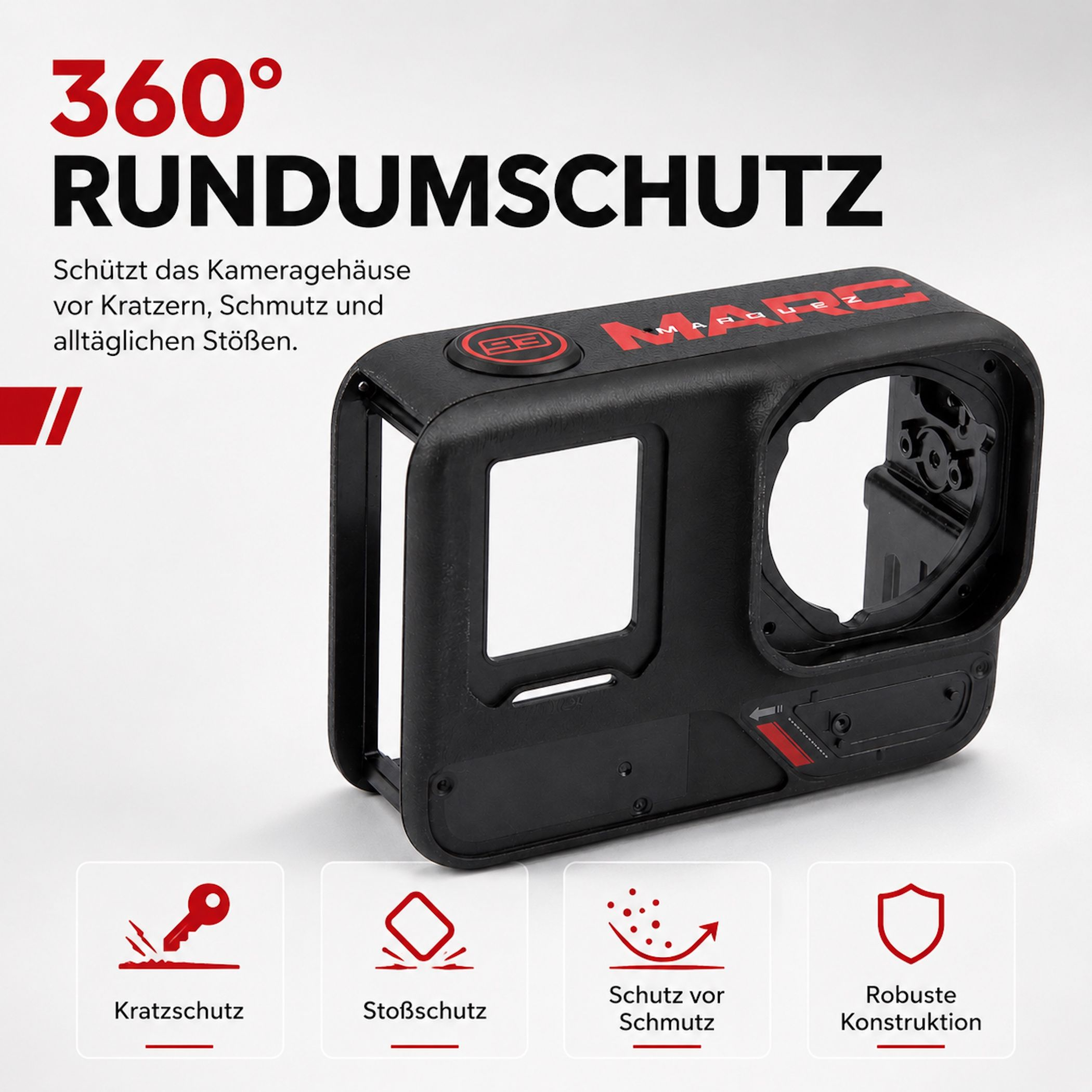 Custodia nera con logo rosso, che mostra protezione a 360°.