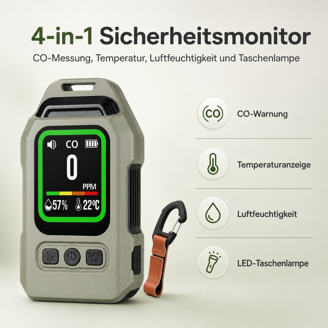 Grauer 4-in-1 Monitor zeigt CO, Temperatur, Luftfeuchtigkeit und Taschenlampe.