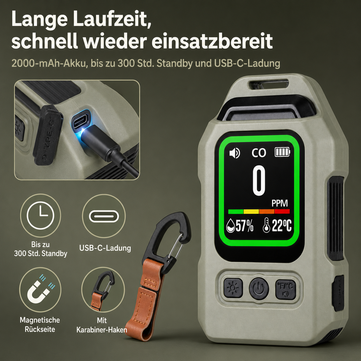 Ein tragbares CO-Messgerät mit USB-C-Ladung, 300 Std. Standby & Magnetrückseite.