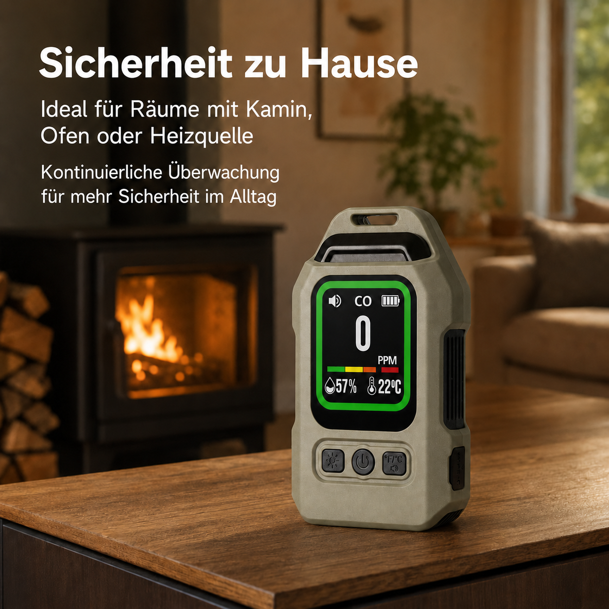 Ein CO-Melder steht auf einem Holztisch vor einem Kamin.