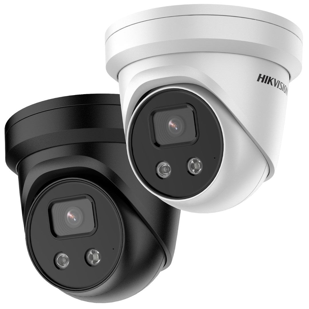 Due telecamere di sicurezza Hikvision, una nera e una bianca, mostrate frontalmente.