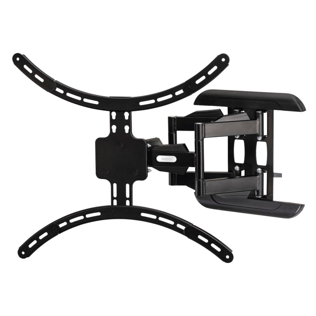 Schwarze schwenkbare TV-Wandhalterung mit verstellbaren Armen und VESA-Platten.