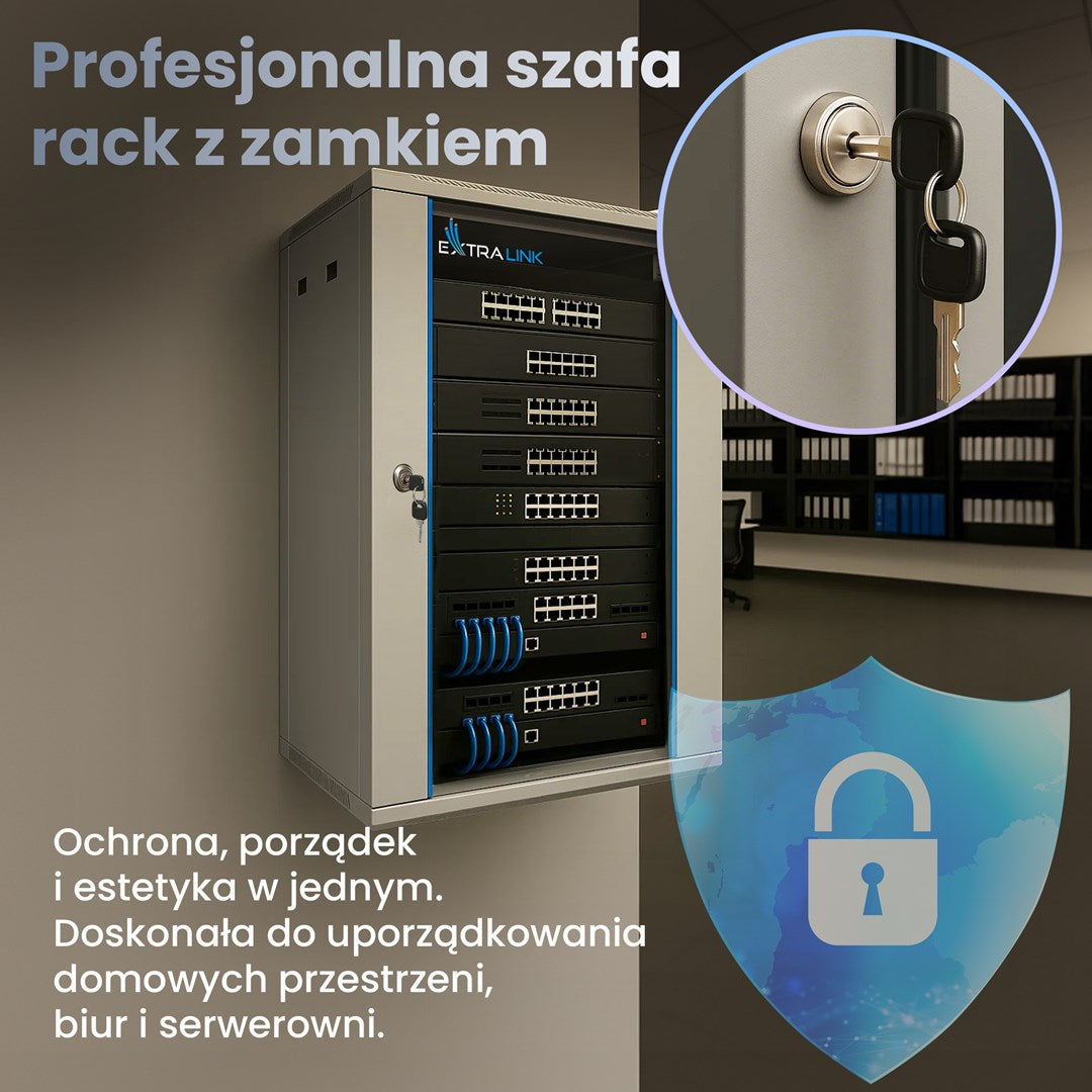 Szafa rack z serwerami i kluczem w zamku. Profesjonalna i bezpieczna.
