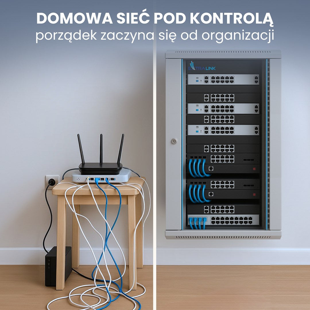 Router na stołku z kablami po lewej, szafka sieciowa z urządzeniami po prawej.