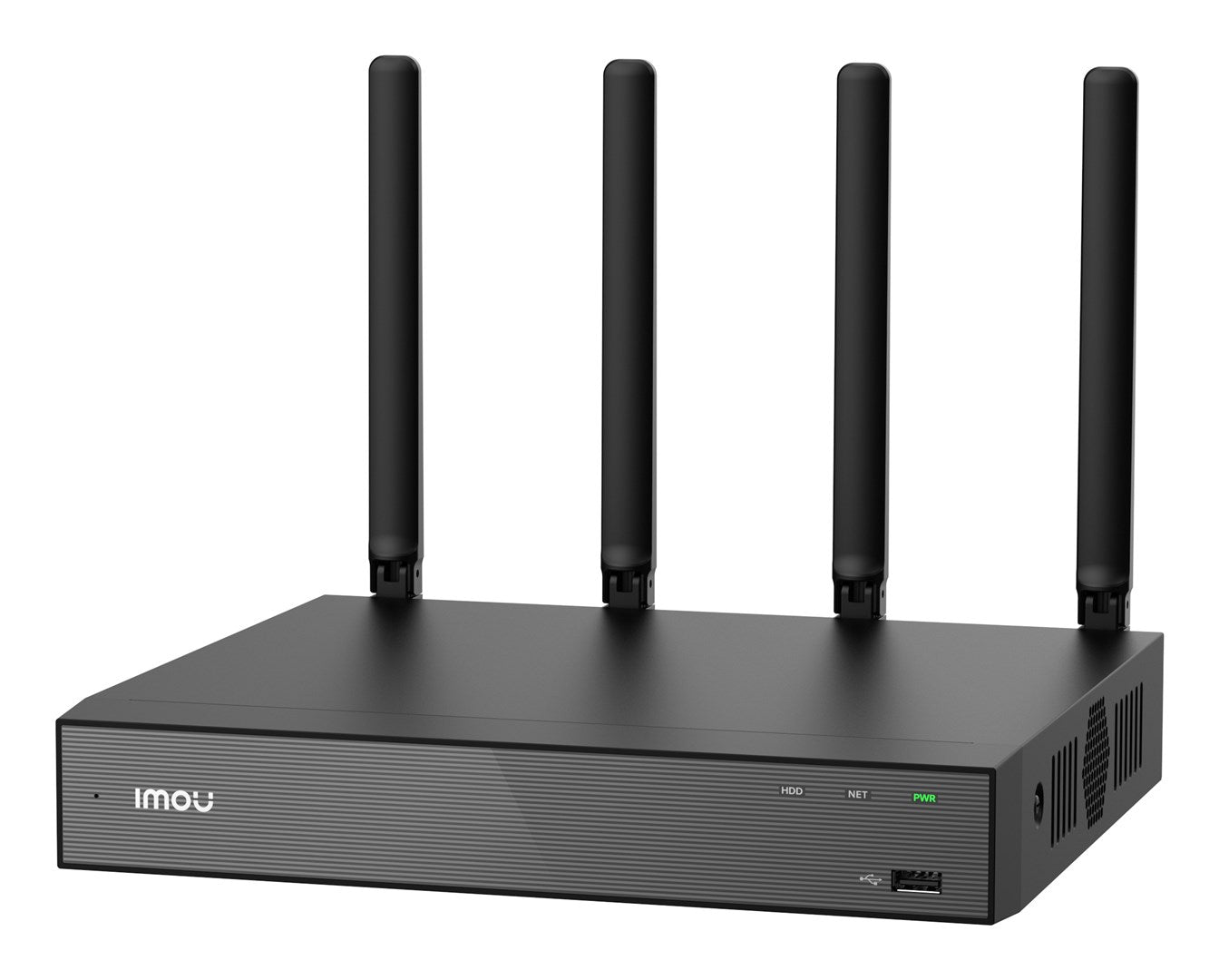 Router nero con quattro antenne e logo Imou sul davanti.