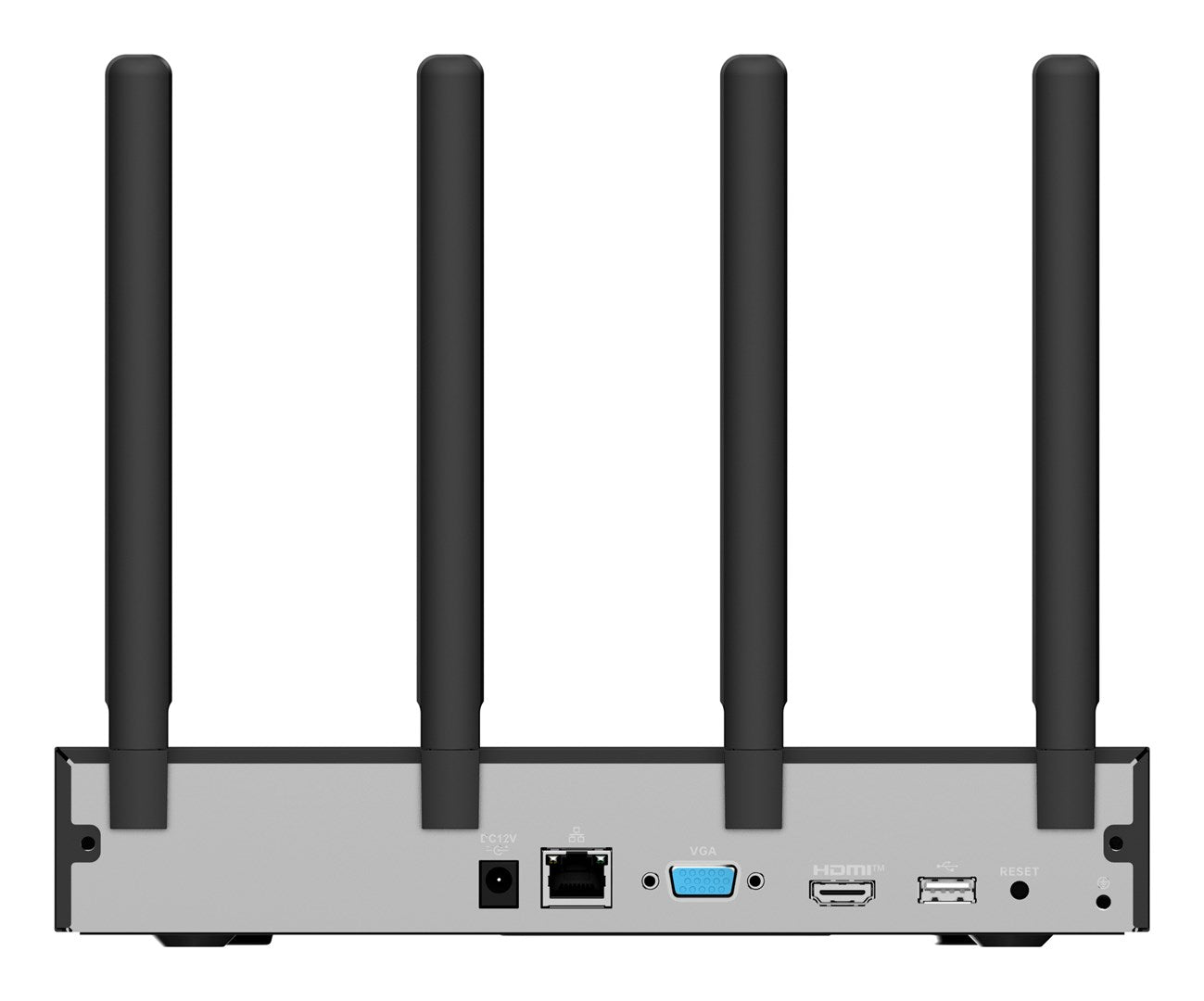 Retro di un router con quattro antenne, alimentazione CC, Ethernet, VGA, HDMI, USB e pulsante di reset.