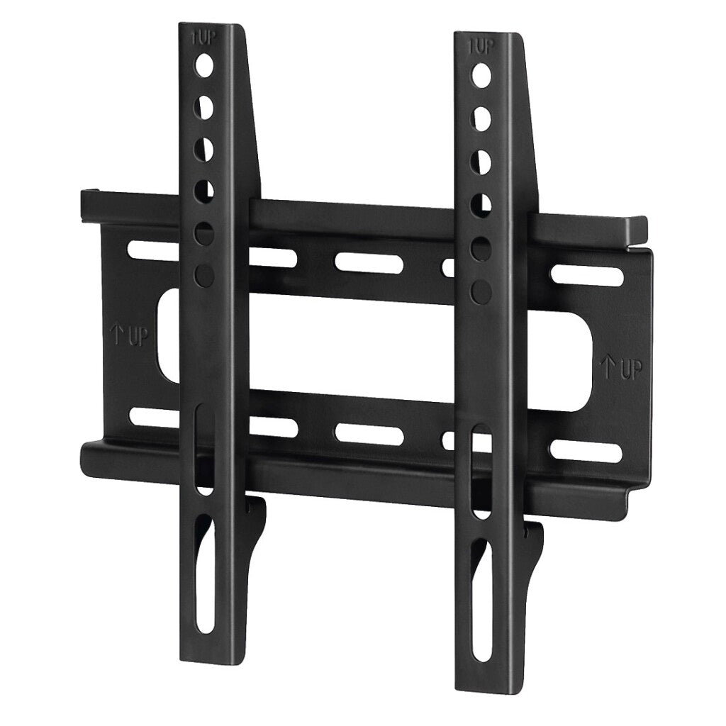 Supporto da parete TV nero con bracci regolabili e fessure di montaggio.