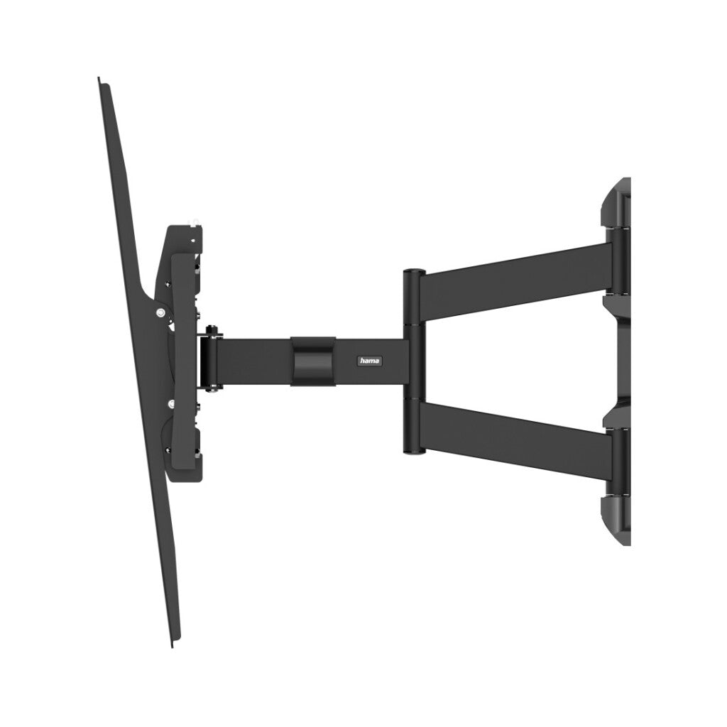 Schwarze Wandhalterung für Fernseher mit zwei Gelenkarmen und Schwenkfunktion.