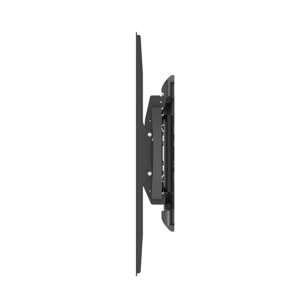Seitenansicht einer schwarzen Wandhalterung für einen Fernseher, flach an der Wand zusammengeklappt.