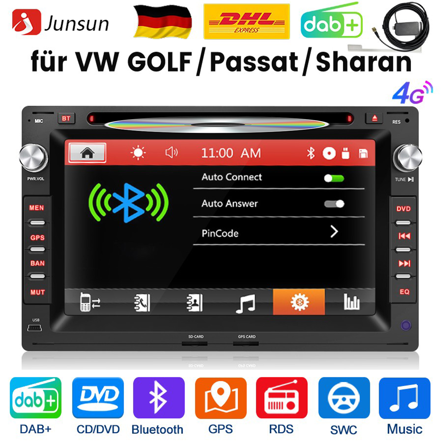 Junsun Autoradio für VW Golf/Passat/Sharan mit DAB+, DVD, Bluetooth, GPS, RDS, 4G.