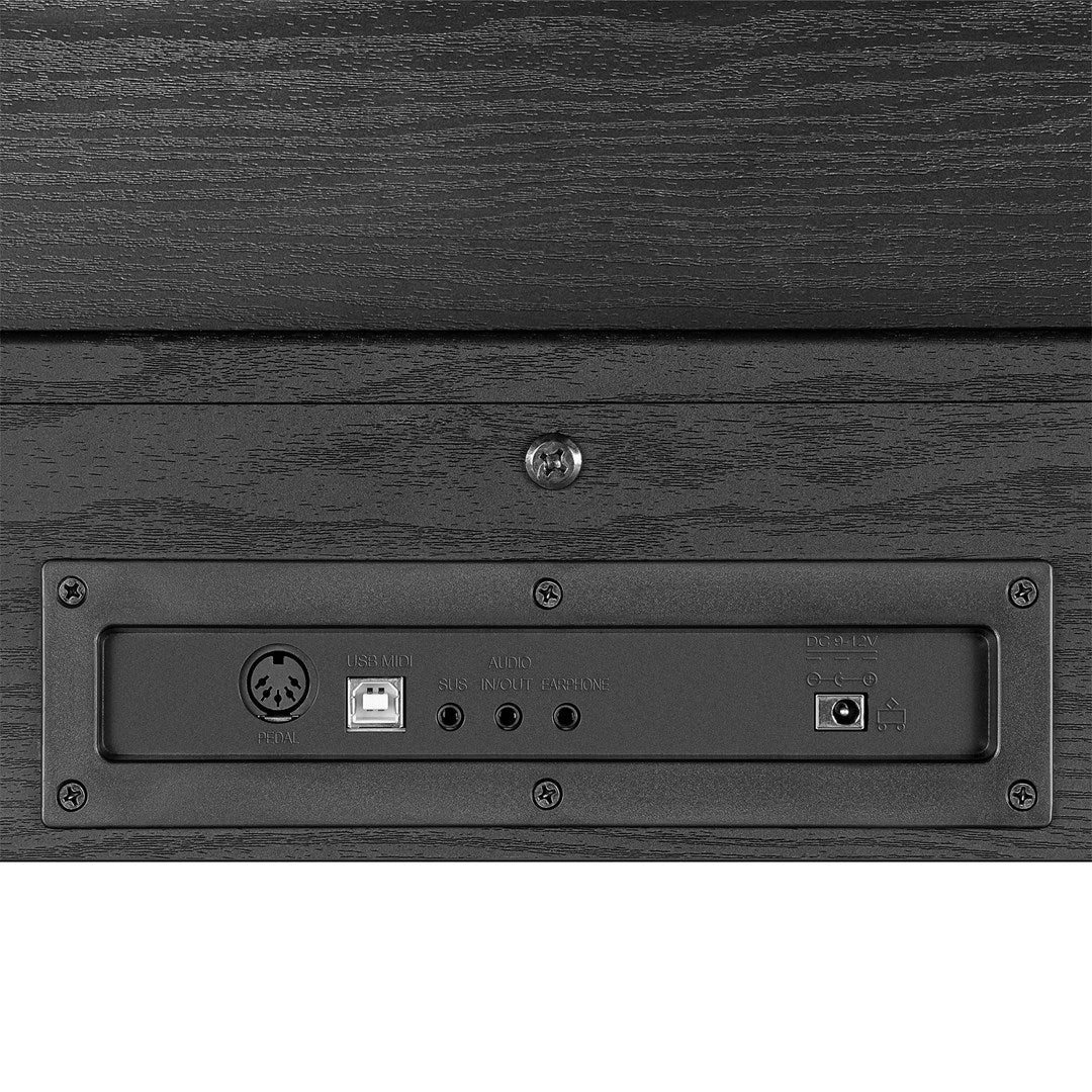 Panel złącz pianina z portami pedału, USB/MIDI, audio, sus/in/out i DC 9-12V.