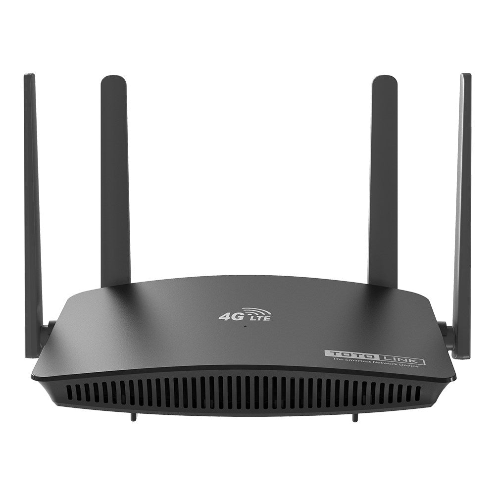 Router 4G LTE nero con tre antenne e fessure di ventilazione.