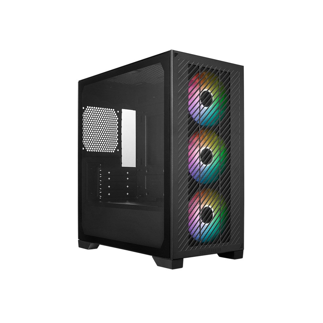 Case del computer nero con lato in vetro e ventole RGB.