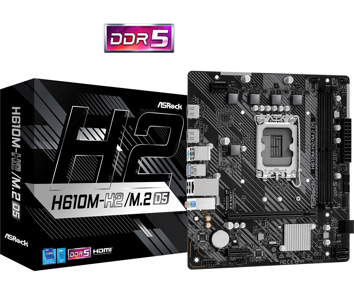 ASRock H610M-H2/M.2 D5 motherboard and packaging with DDR5 logo.