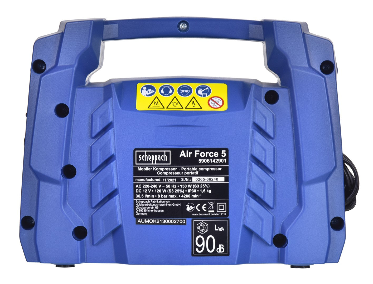 Compressore portatile blu con etichetta che mostra specifiche e simboli di avvertenza.