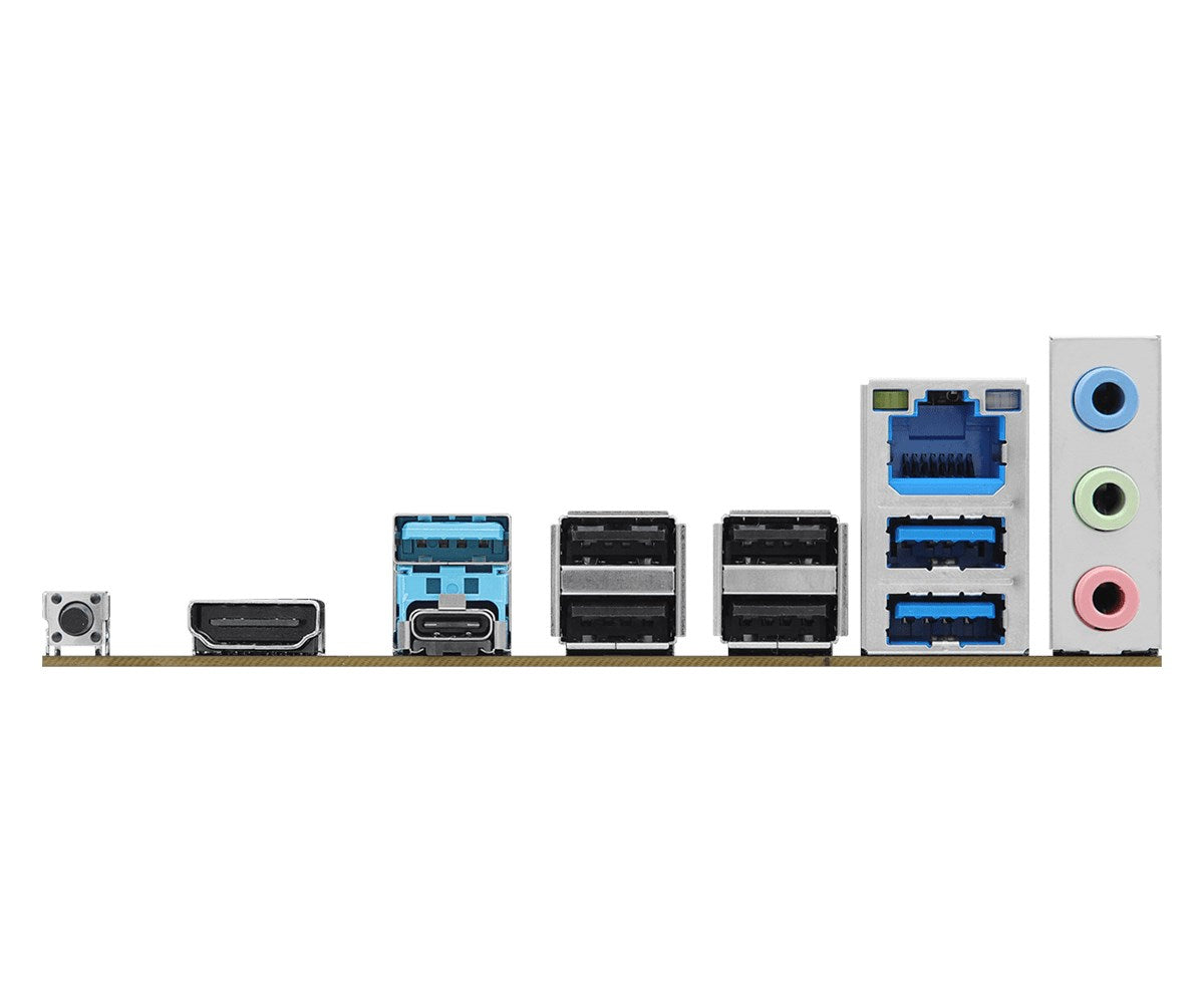 Tylne porty płyty głównej komputera: przycisk zasilania, HDMI, USB-A, USB-C, Ethernet, gniazda audio.