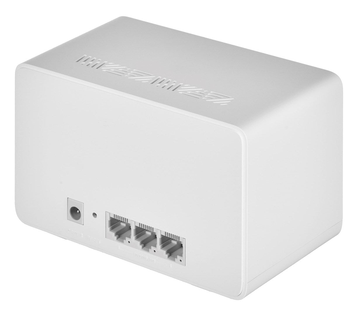 Een witte router met poorten aan de achterkant en ventilatieopeningen aan de bovenkant.