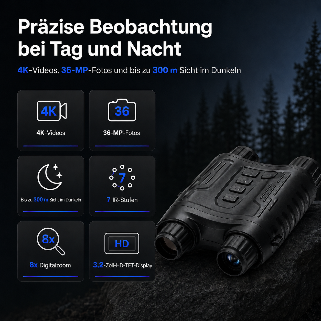 Nachtsichtgerät mit 4K-Videos, 36-MP-Fotos und 300m Sicht.