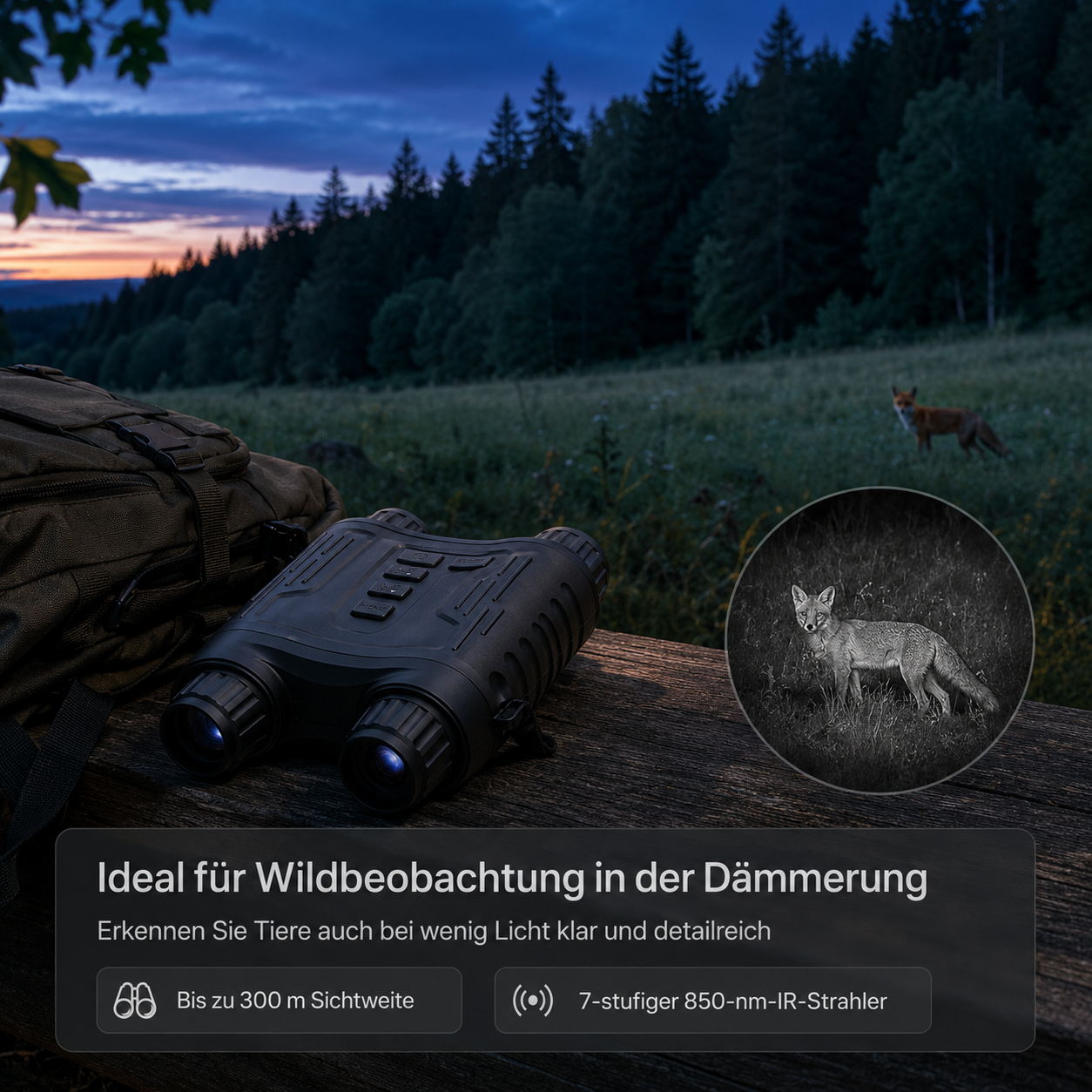 Fernglas im Freien bei Dämmerung mit zwei Füchsen, einer im Vordergrund, einer im Hintergrund.