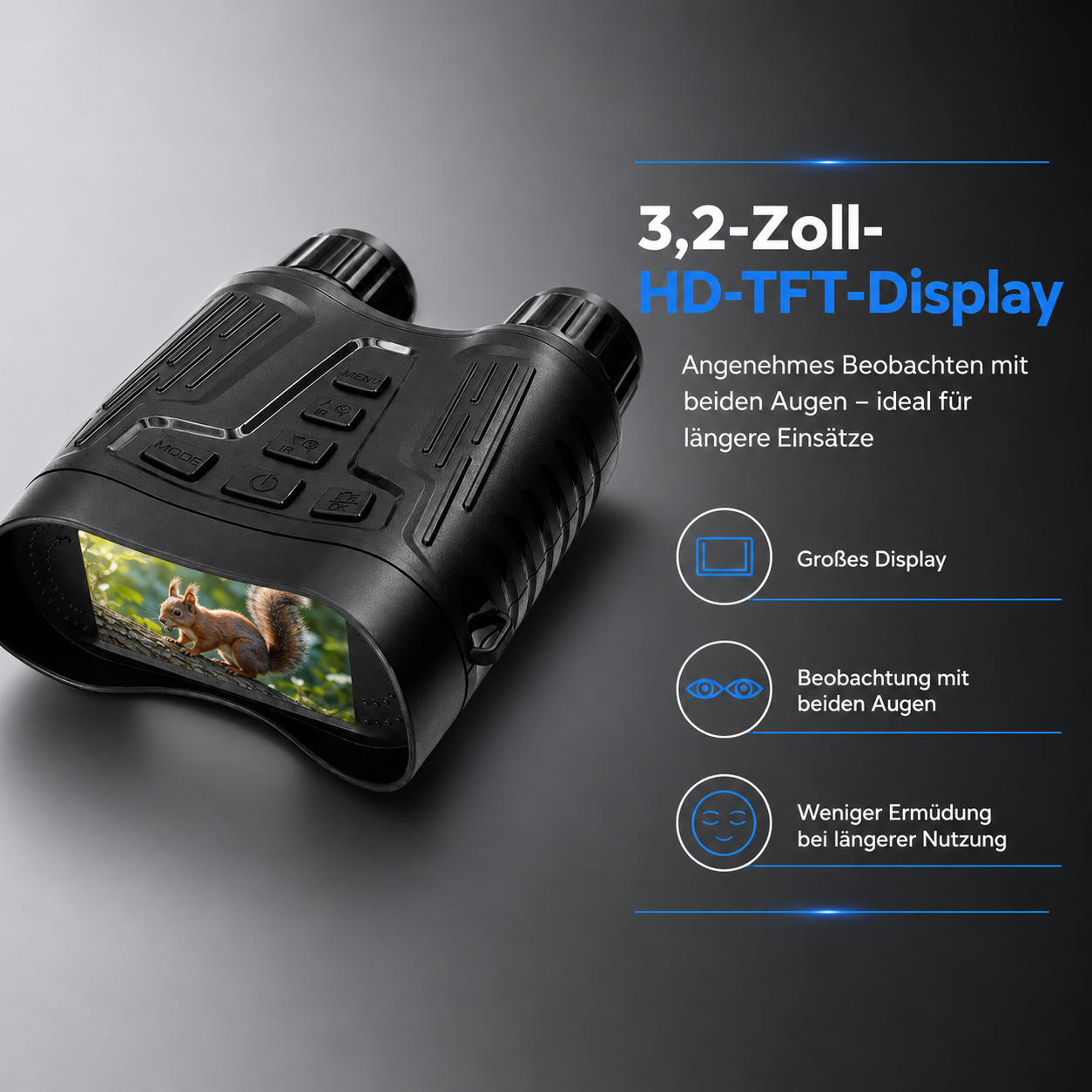 Fernglas mit 3,2-Zoll-HD-TFT-Display zeigt ein Eichhörnchen auf einem Ast.