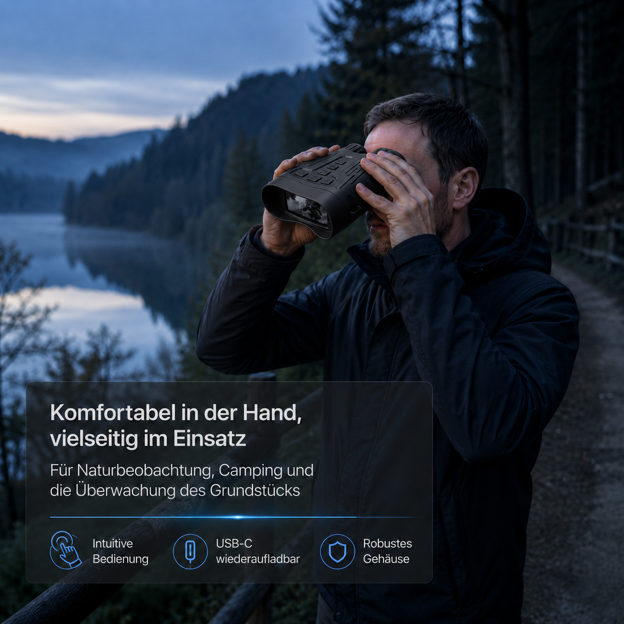 Mann blickt durch Fernglas am Seeufer bei Dämmerung. Text über Funktionen.