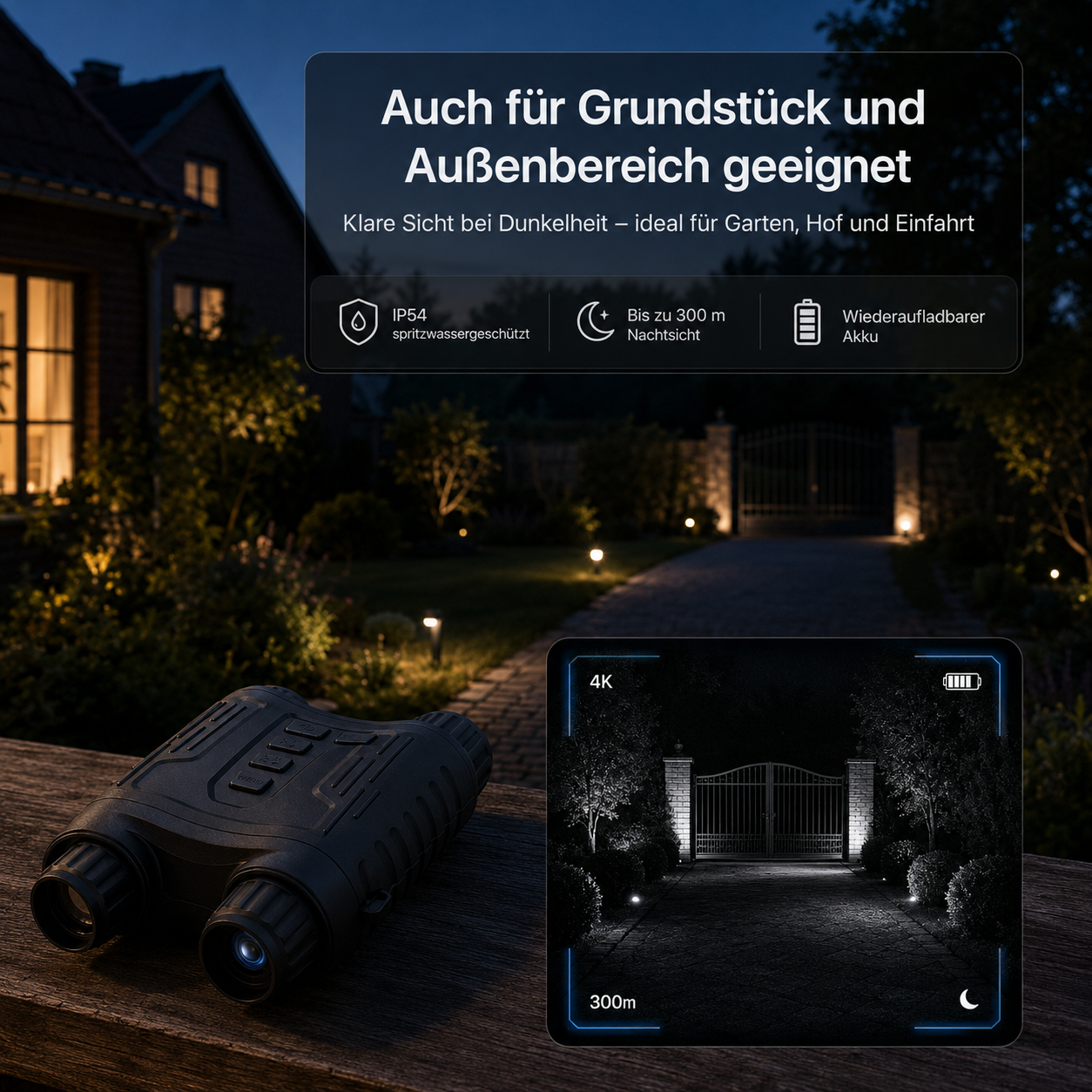 Nachtsichtfernglas zeigt eine Einfahrt mit Toren bei Nacht. Text: Auch für Grundstück und Außenbereich geeignet.
