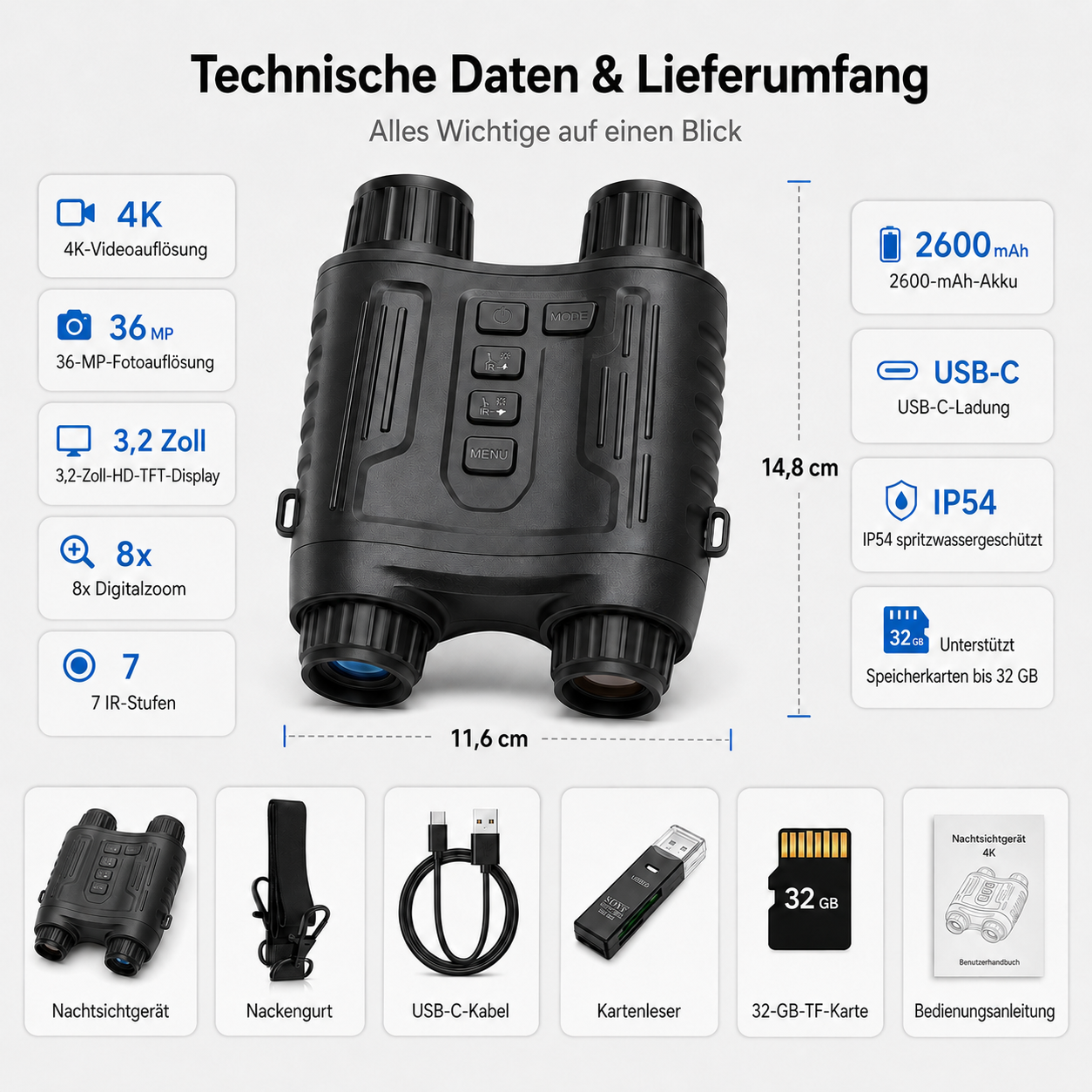 Technische Daten eines Nachtsichtgeräts mit 4K, 36MP, 8x Zoom, USB-C und IP54.