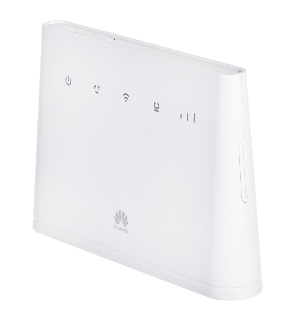 Biały router Huawei z ikonami zasilania, Wi-Fi i siły sygnału.