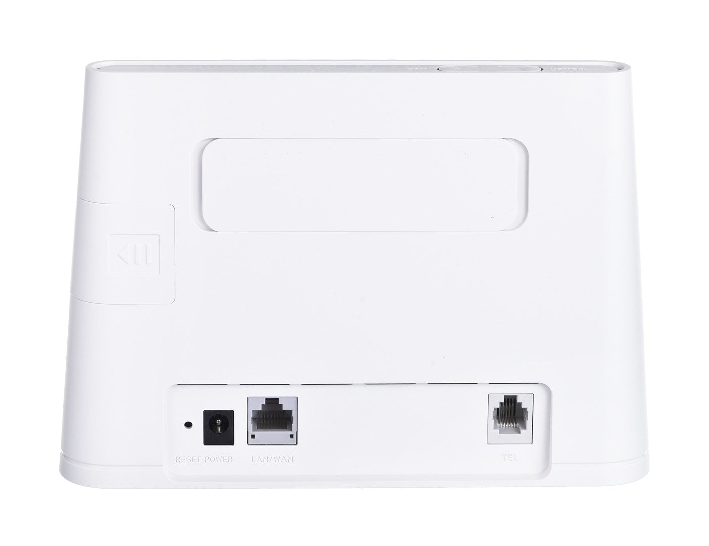 Biały router z portami zasilania, LAN i telefonu.