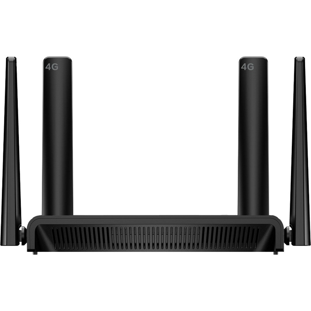 Dört antenli ve havalandırma delikli siyah 4G yönlendirici.