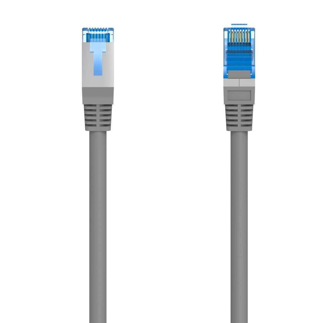 Due cavi di rete grigi con connettori blu su sfondo bianco.
